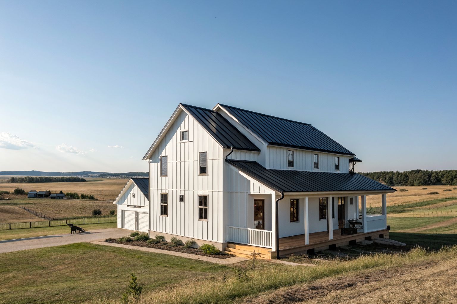 A white farmhouse-style home with a black standing-seam metal roof on an open lot