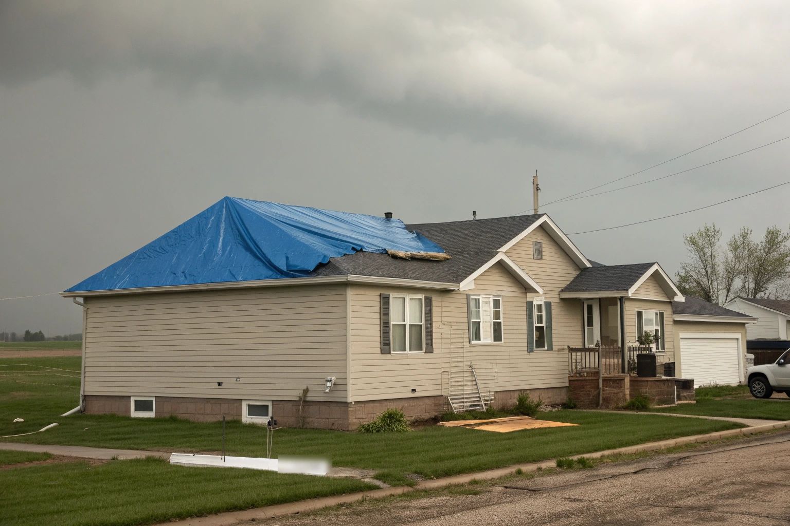 A ranch house with a blue tarp over part of its shingle roof after a storm