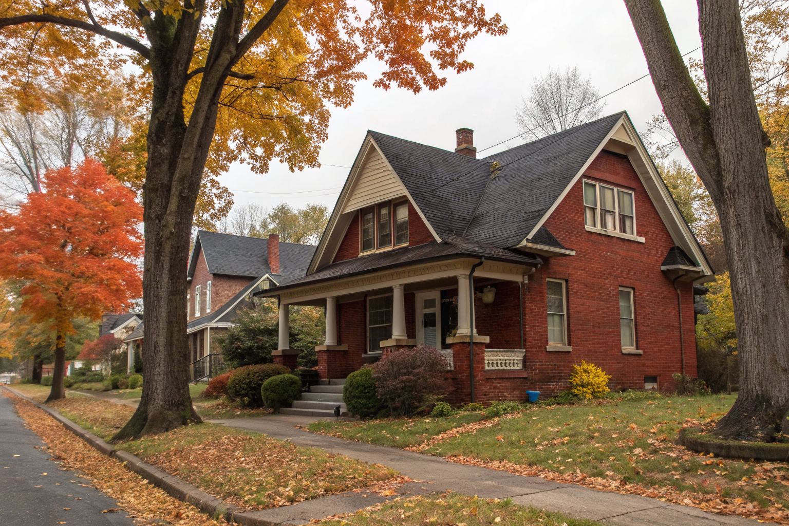 A 1920s red brick bungalow with a steep gabled shingle roof on a tree-lined street in autumn
