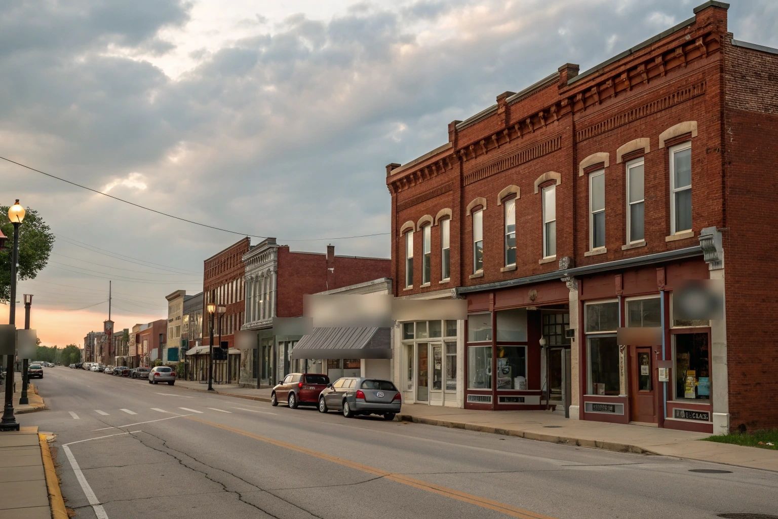 A small-town main street lined with two-story historic red brick storefronts