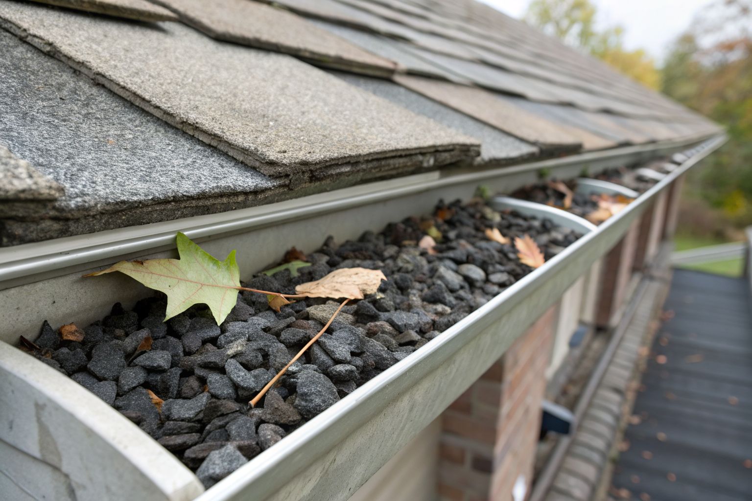 A rain gutter full of dark shingle granules below the edge of an aging roof