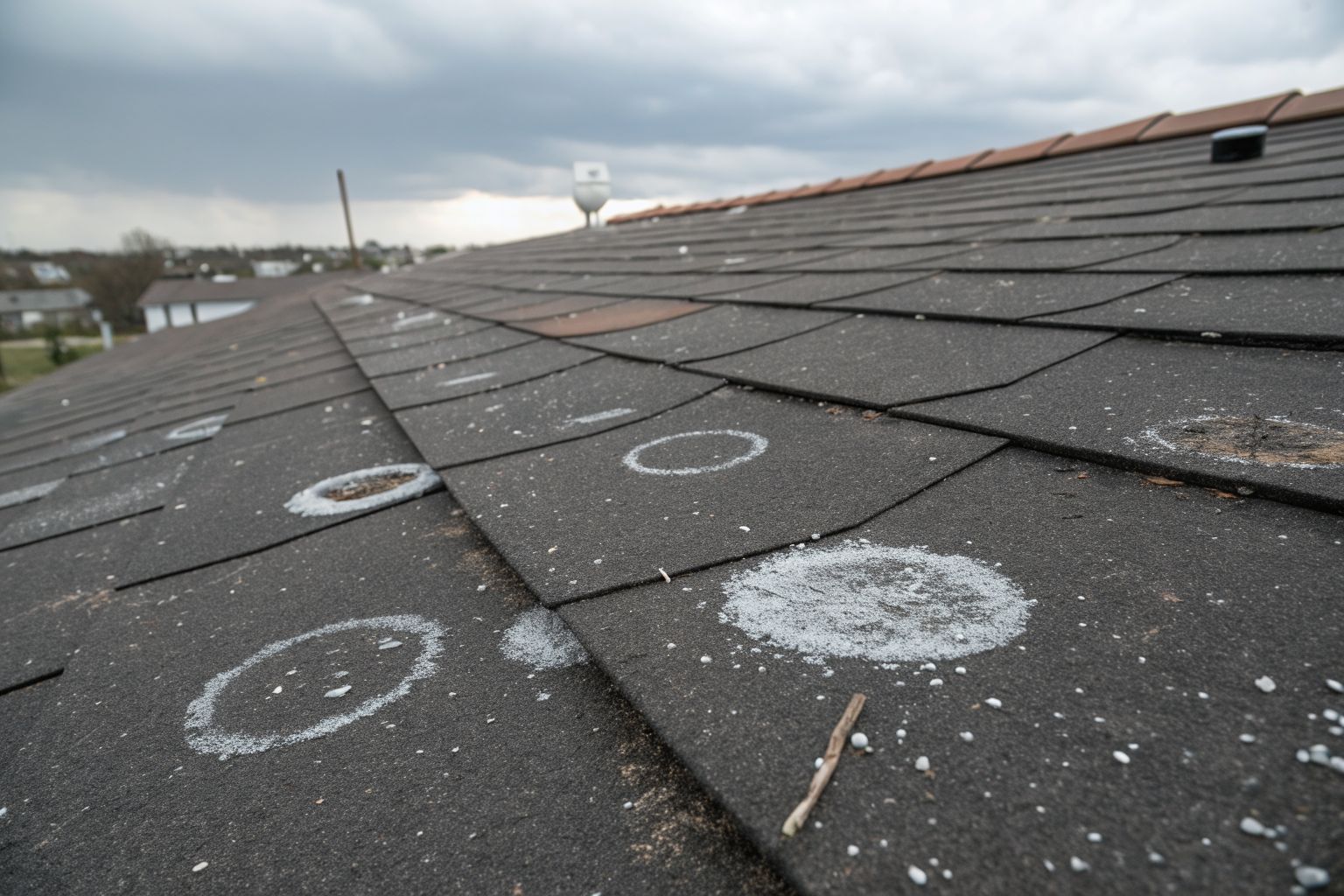 Dark asphalt shingles with round hail bruises and chalk circles marking the hits