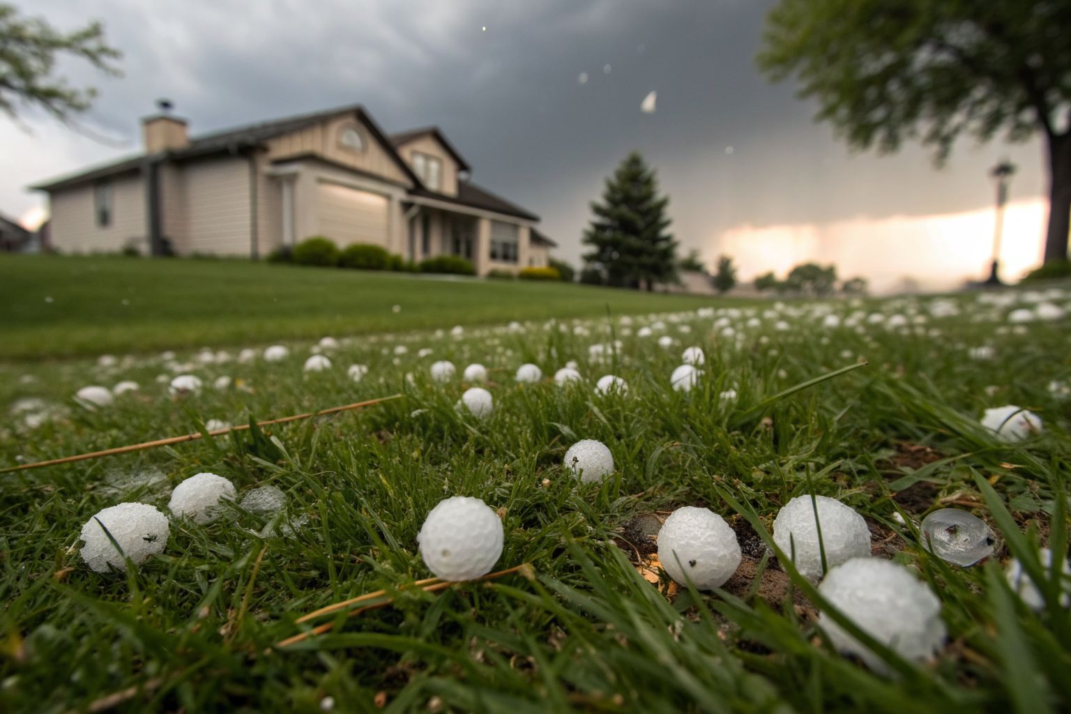 Golf-ball-size hailstones scattered across a wet green lawn after a storm