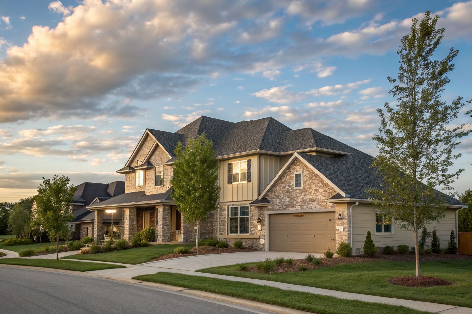 A two-story suburban home with tan siding, stone accents and a charcoal shingle roof under a wide prairie sky