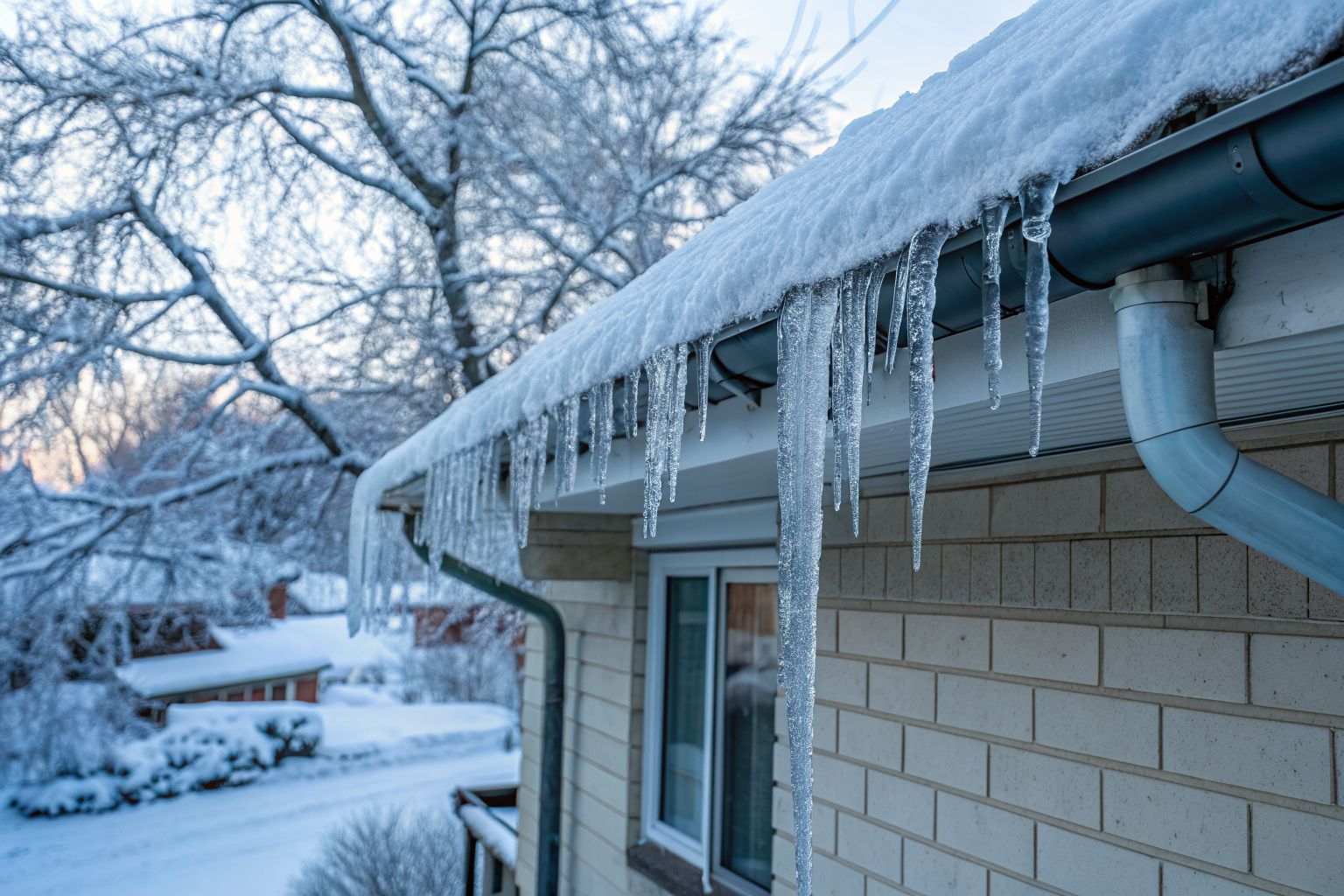 Icicles hanging from the gutter of a snow-covered shingle roof in winter