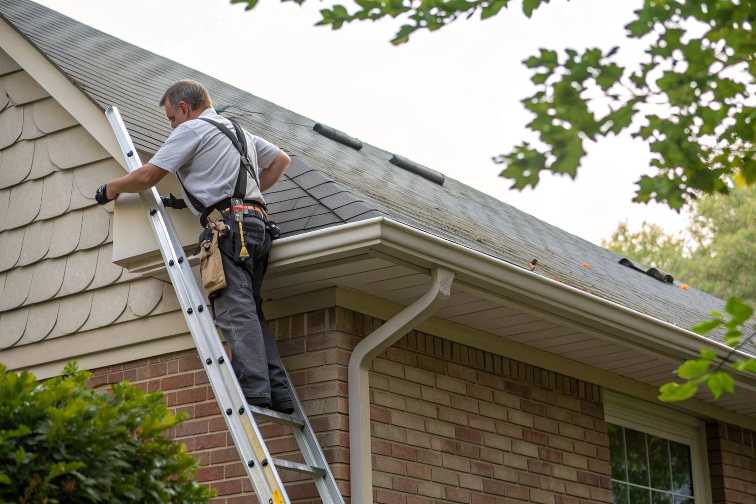 A roofer on a ladder checking the shingles and gutter edge of a brick and siding house