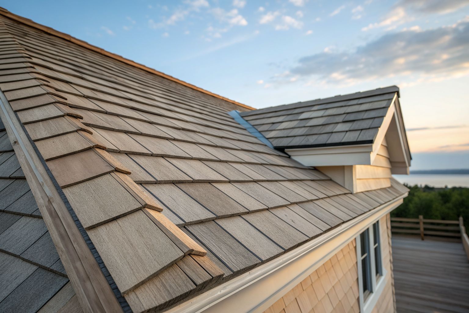 Close view of new architectural shingles and a ridge cap in morning light