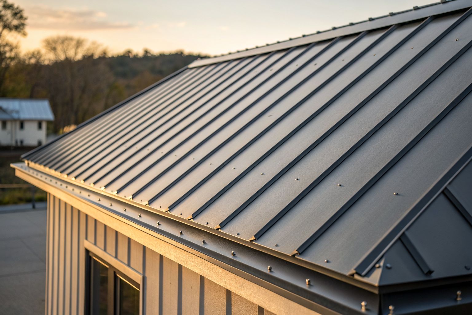 Close view of charcoal standing-seam steel roof panels in low golden sunlight
