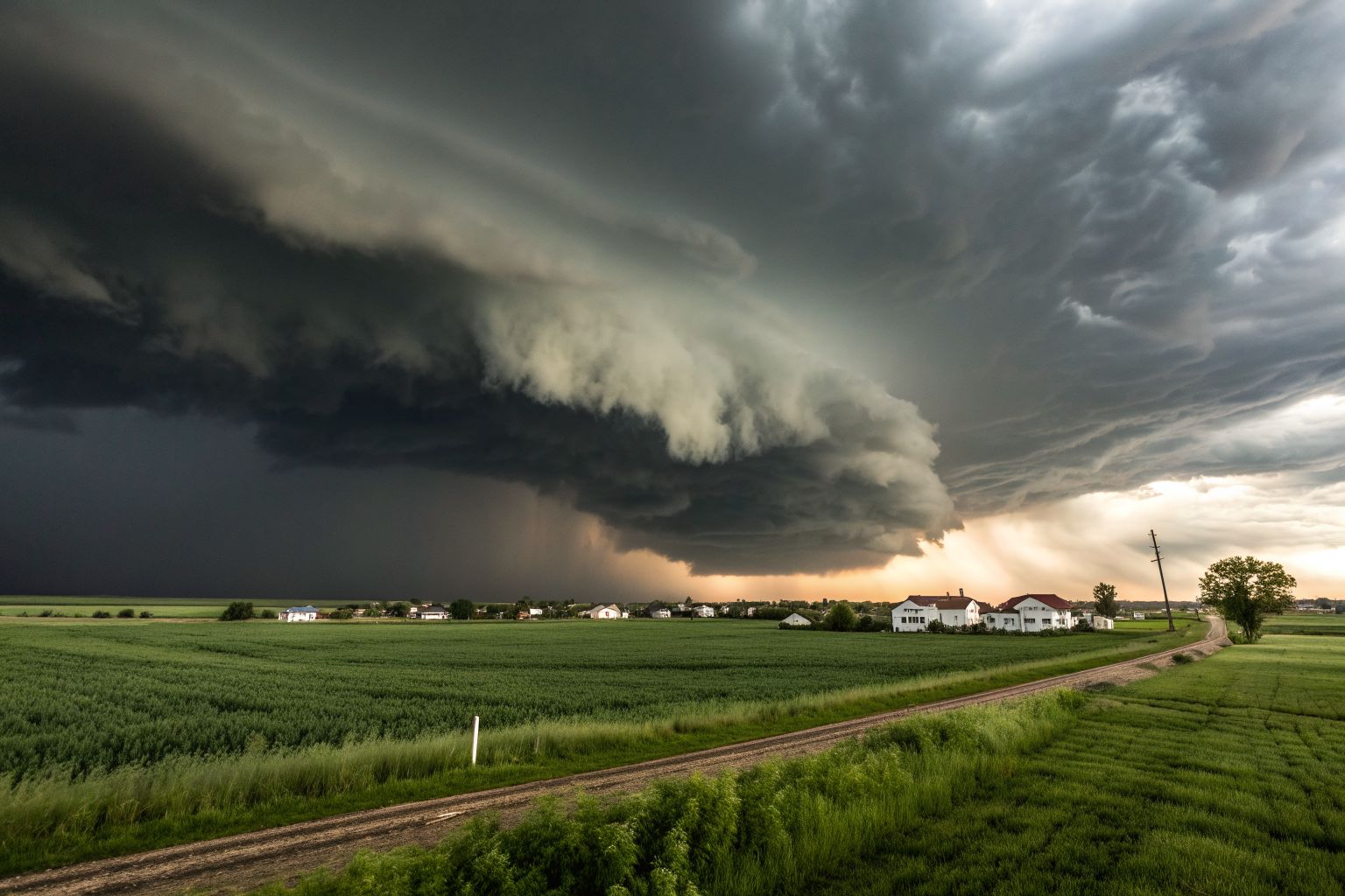 A rotating supercell with a dark wall cloud over flat green farmland and distant rooftops