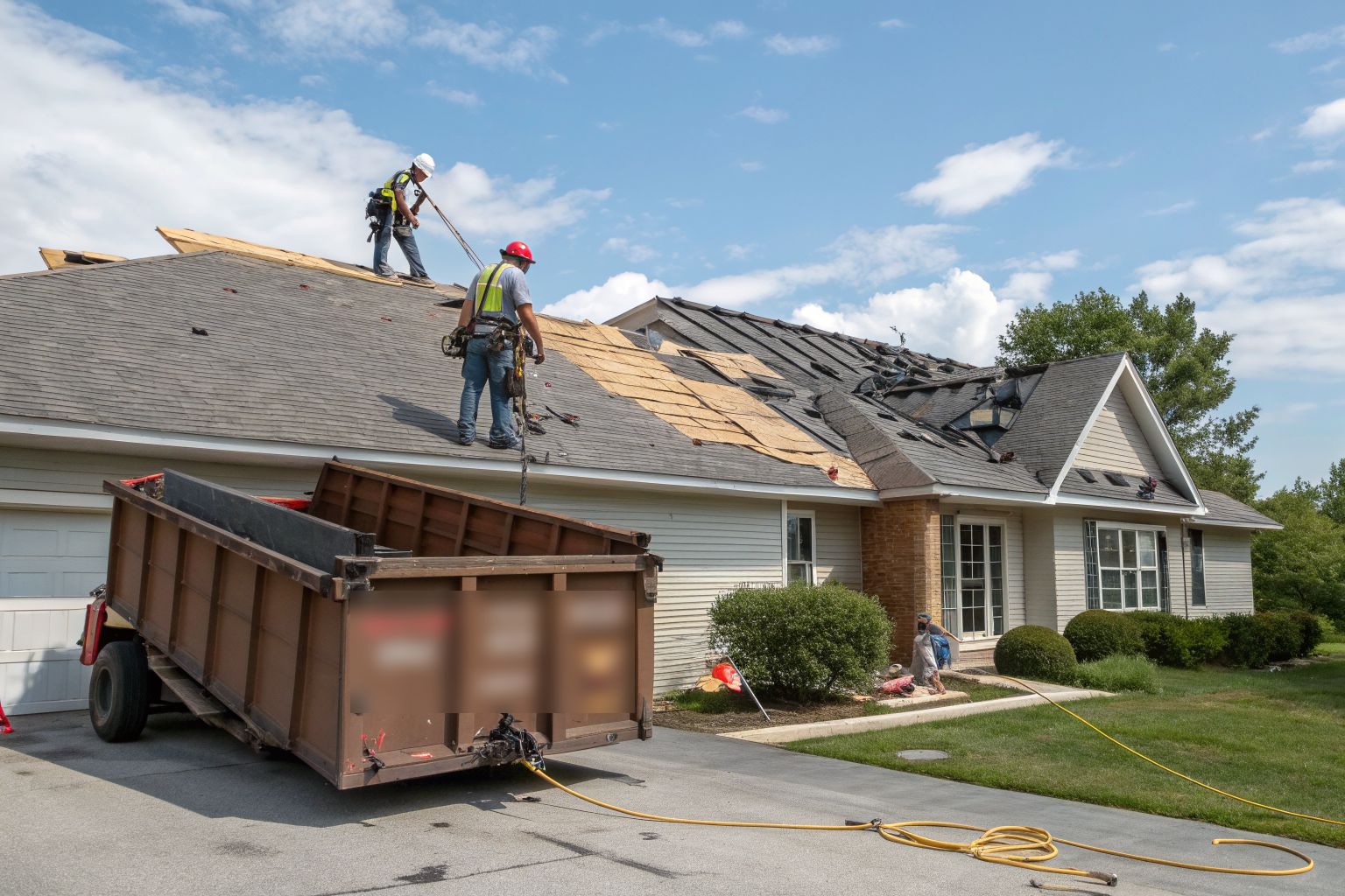 Roofers in harnesses tearing old shingles down to the wood decking with a dumpster in the driveway