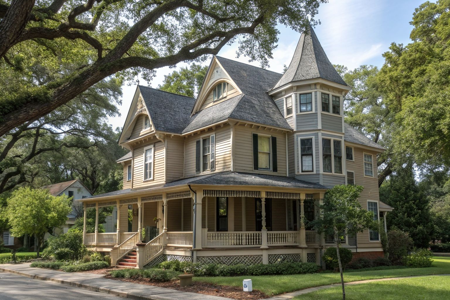 A restored Victorian house with a turret, gables, a wraparound porch and a gray shingle roof