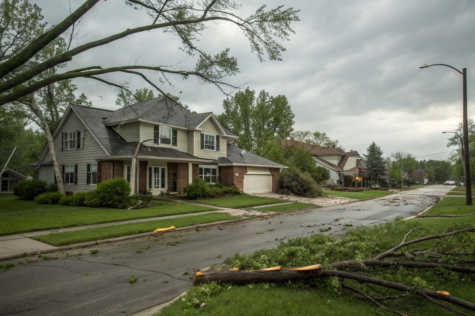 A two-story house with shingles torn from its roof and broken branches on the street after a windstorm