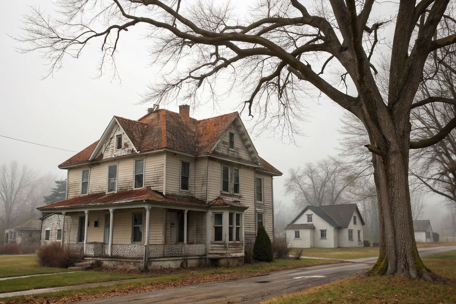 An older two-story house with a faded, curling brown shingle roof beside a bare tree
